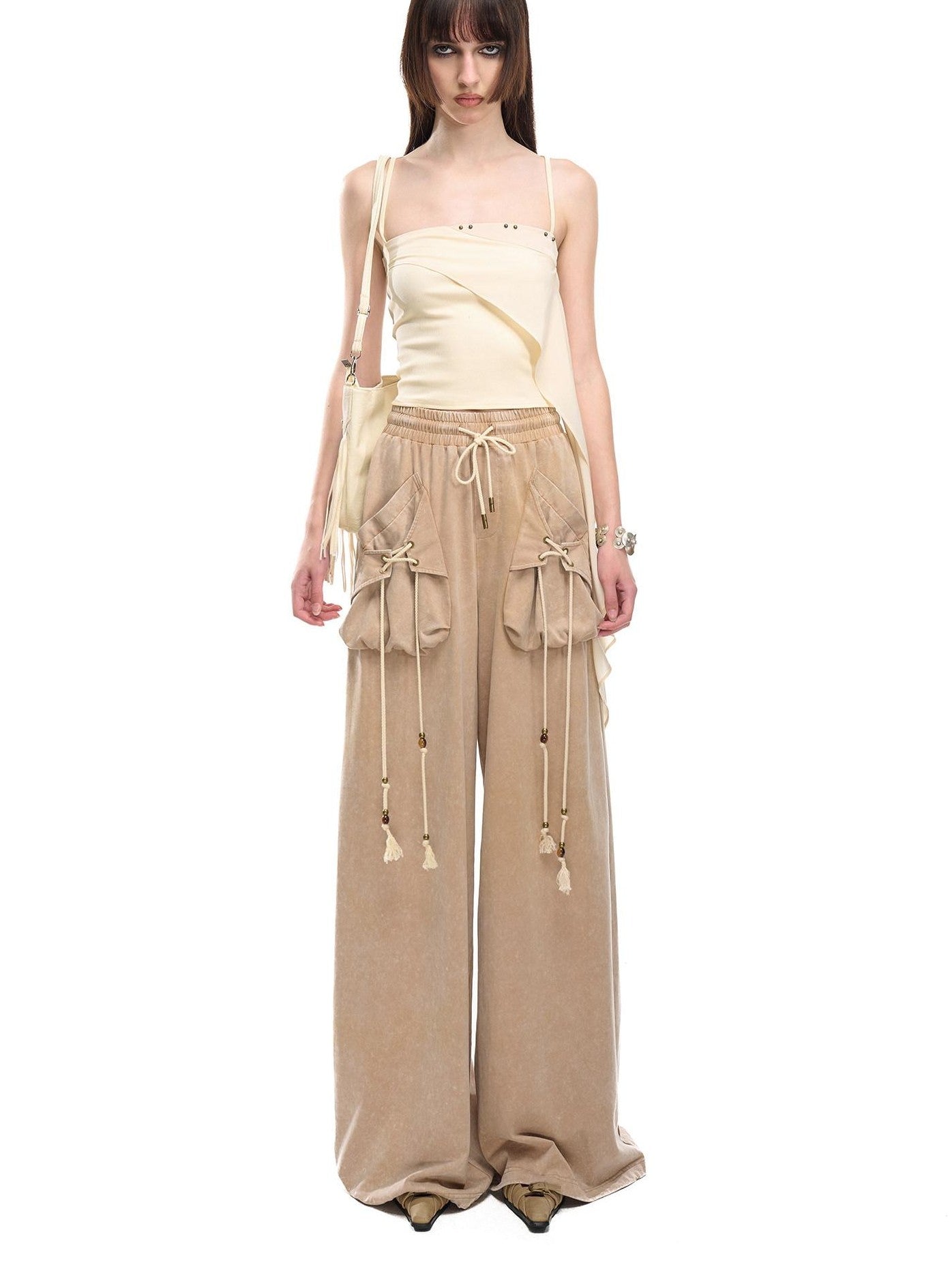 NORTH NODE Washed Faded Drawstring Pleated 3d Pockets Women&