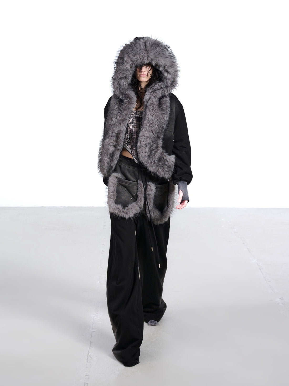 NORTH NODE Washed Faux Fur Patchwork Hooded Women&