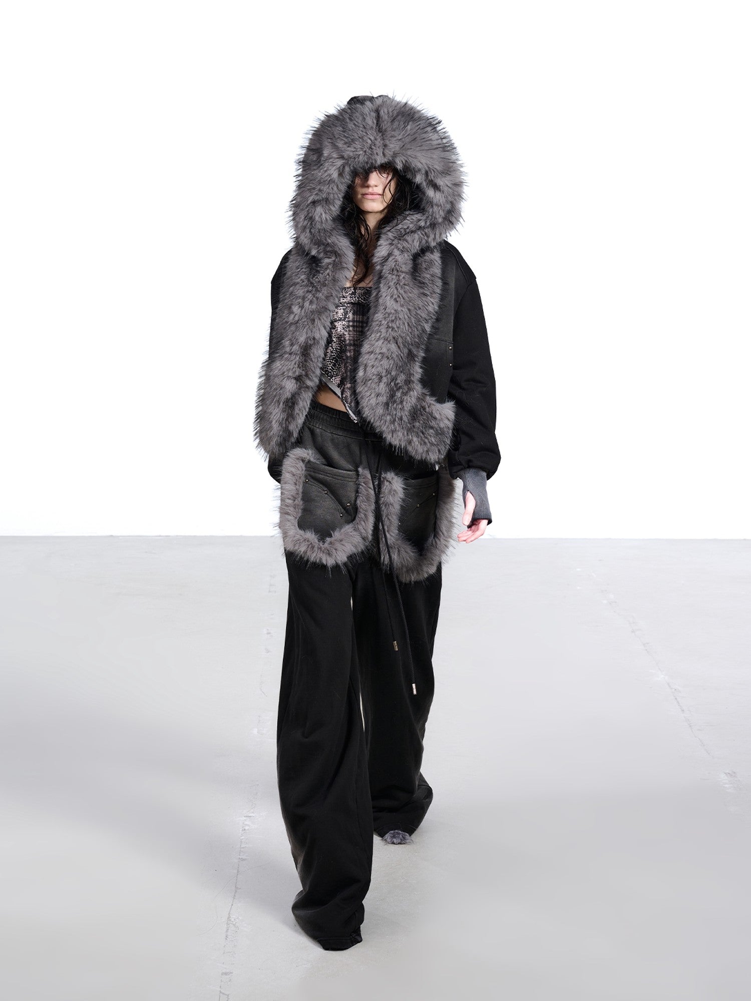NORTH NODE Washed Faux Fur Patchwork Hooded Women&
