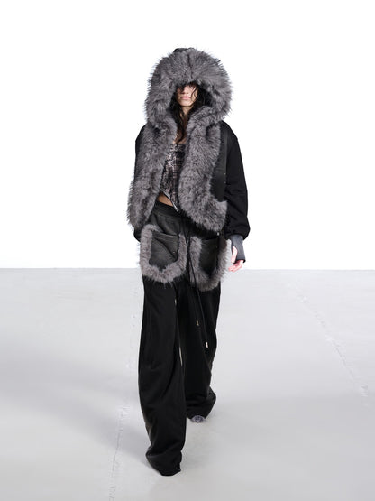 NORTH NODE Washed Faux Fur Patchwork Hooded Women&
