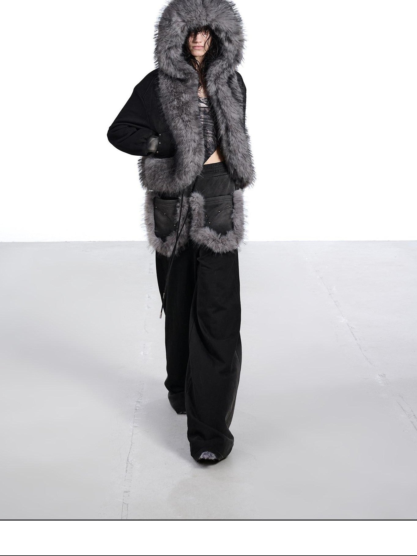 NORTH NODE Washed Faux Fur Patchwork Hooded Women&