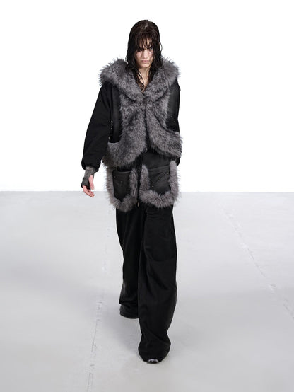 NORTH NODE Washed Faux Fur Patchwork Hooded Women&