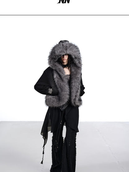 NORTH NODE Washed Faux Fur Patchwork Hooded Women&