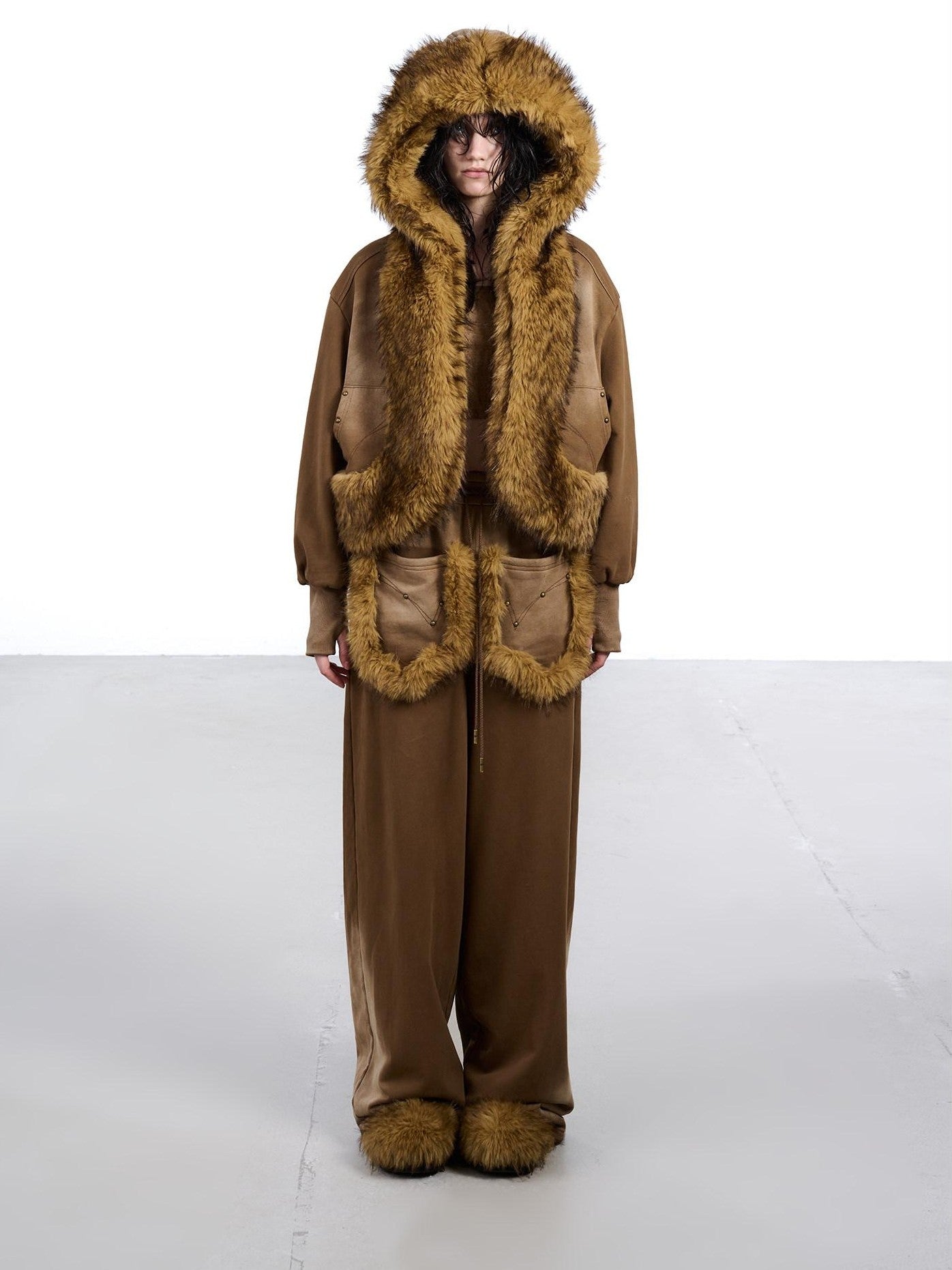 NORTH NODE Washed Faux Fur Patchwork Hooded Women&