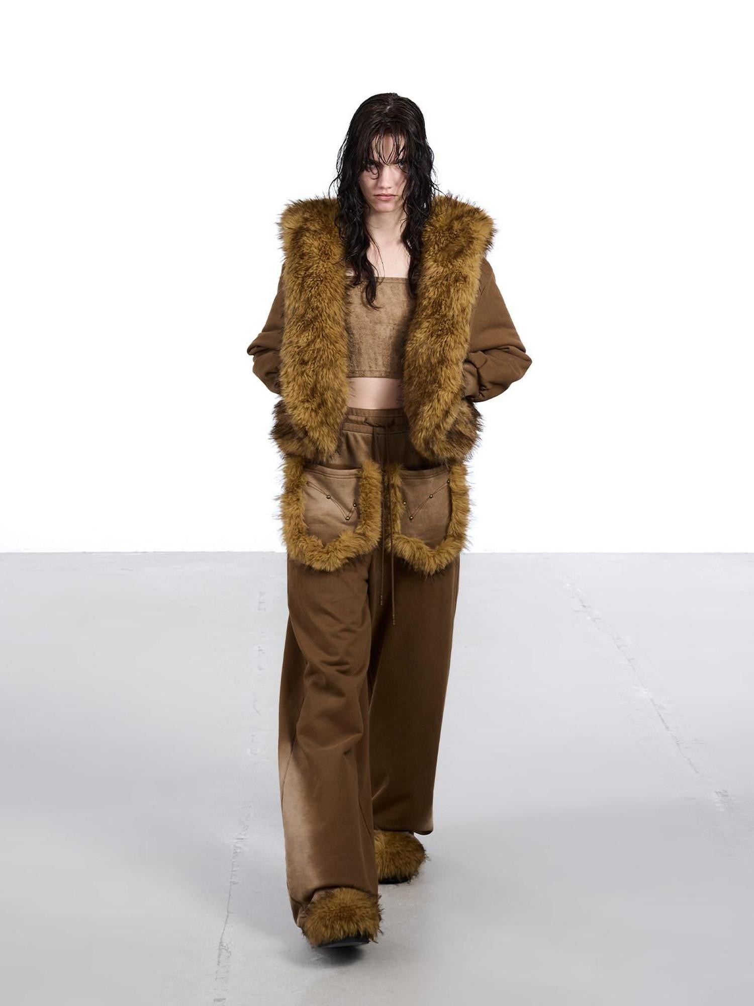 NORTH NODE Washed Faux Fur Patchwork Hooded Women&