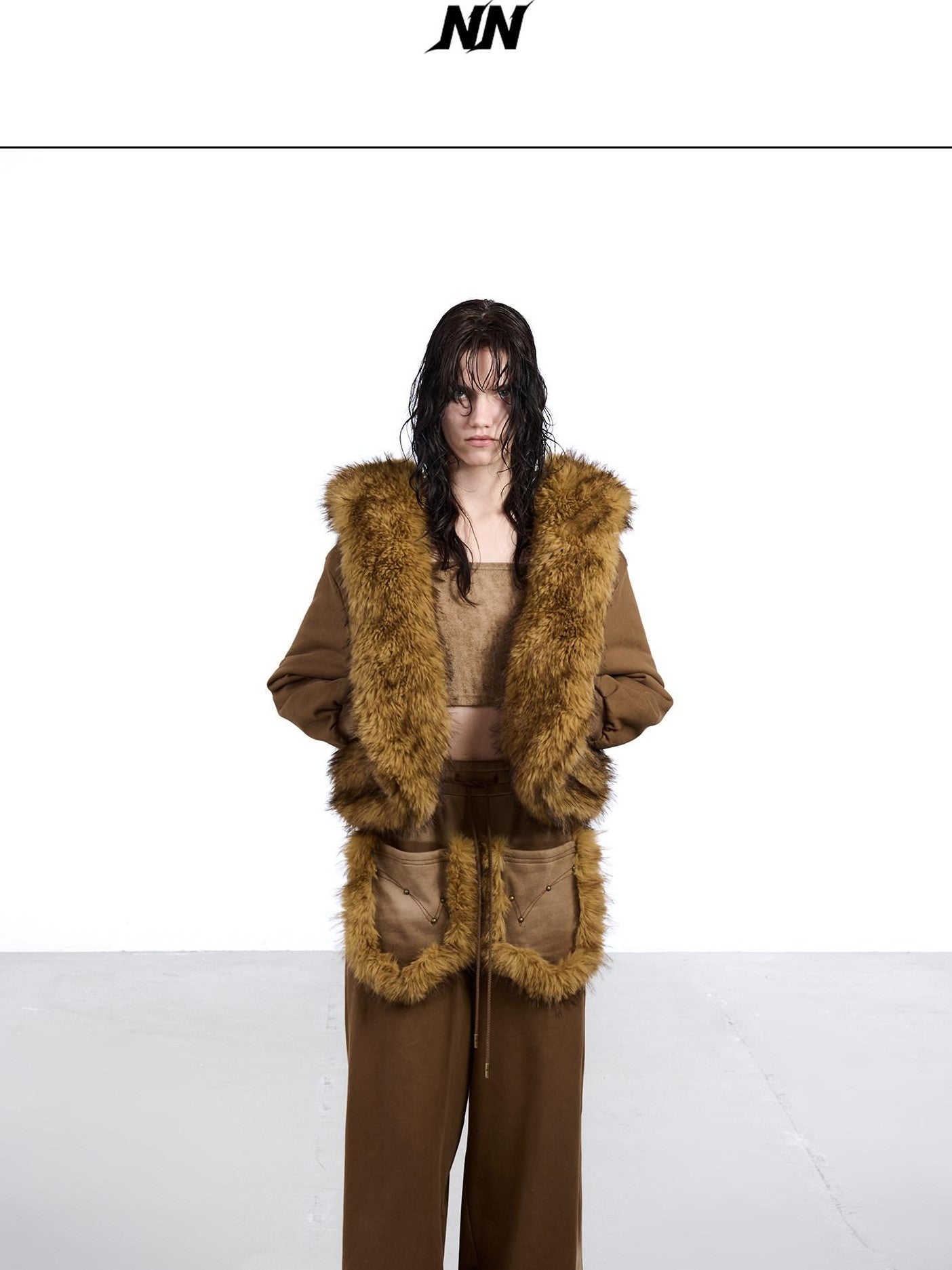 NORTH NODE Washed Faux Fur Patchwork Hooded Women&