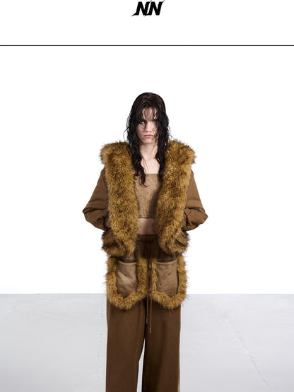 NORTH NODE Washed Faux Fur Patchwork Hooded Women&