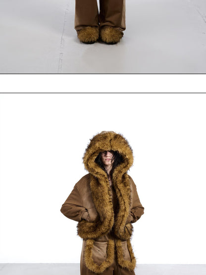 NORTH NODE Washed Faux Fur Patchwork Hooded Women&