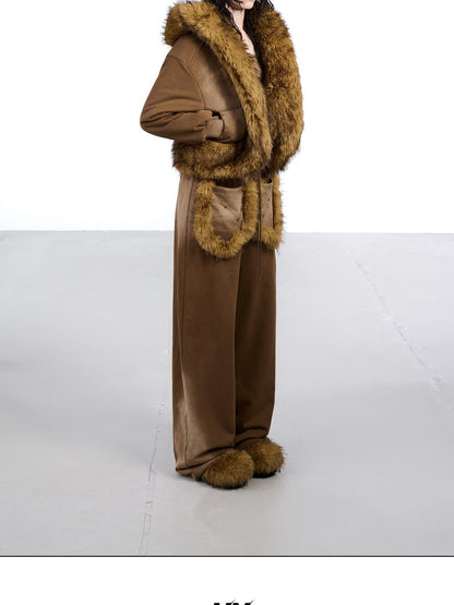 NORTH NODE Washed Faux Fur Patchwork Hooded Women&