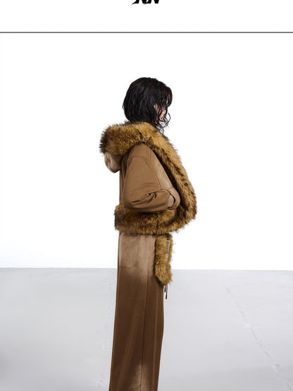 NORTH NODE Washed Faux Fur Patchwork Hooded Women&
