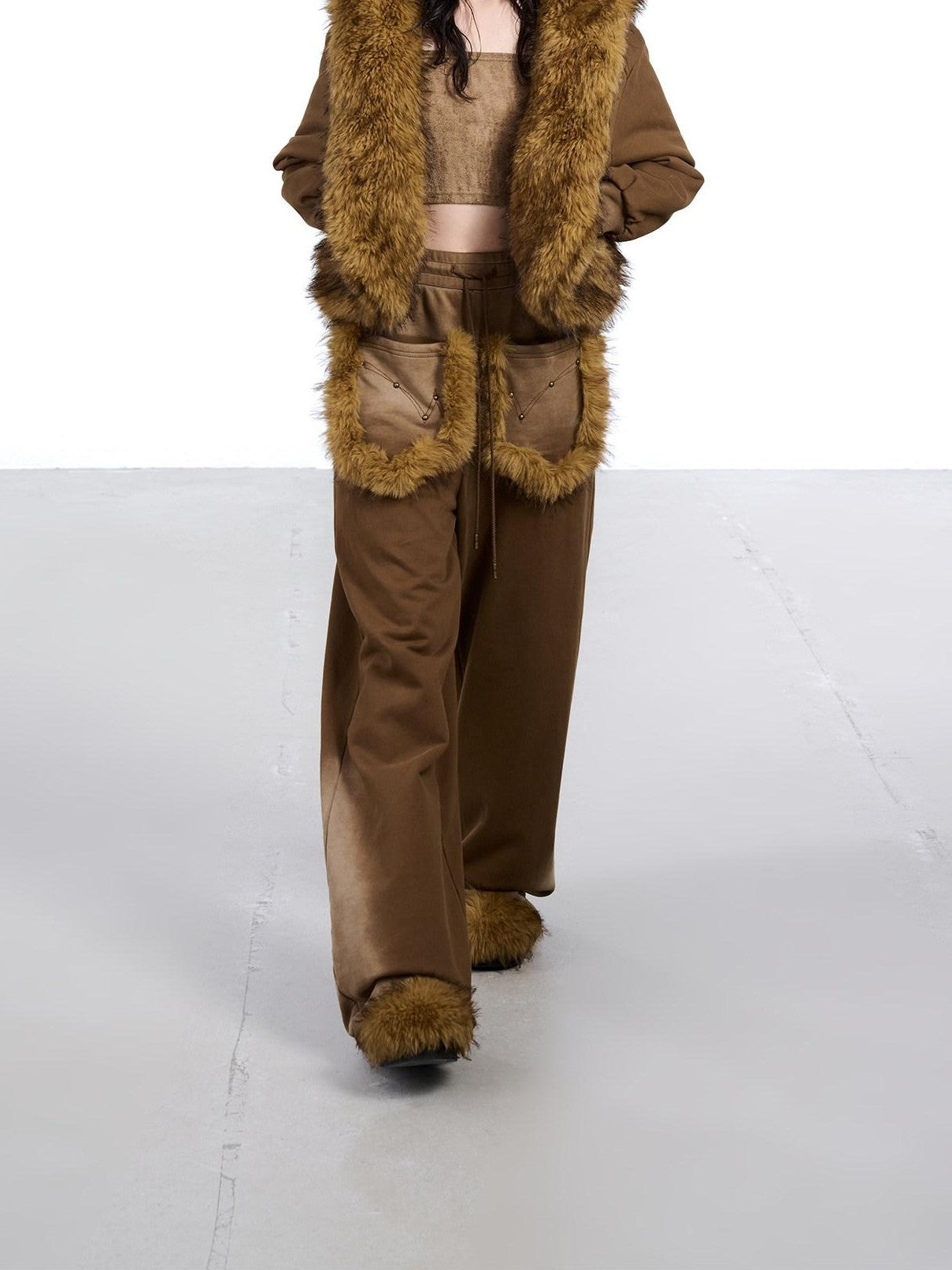 NORTH NODE Washed Faux Fur Patchwork Hooded Women&