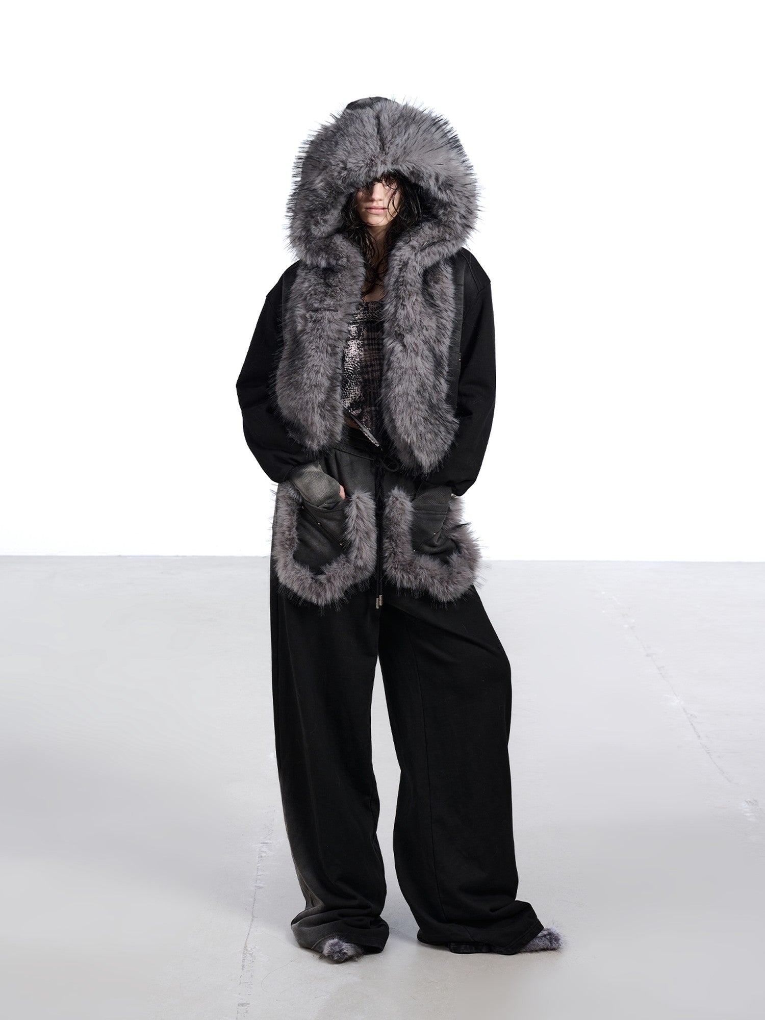 NORTH NODE Washed Faux Fur Patchwork Hooded Women&