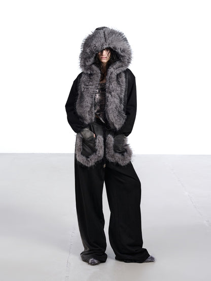 NORTH NODE Washed Faux Fur Patchwork Hooded Women&