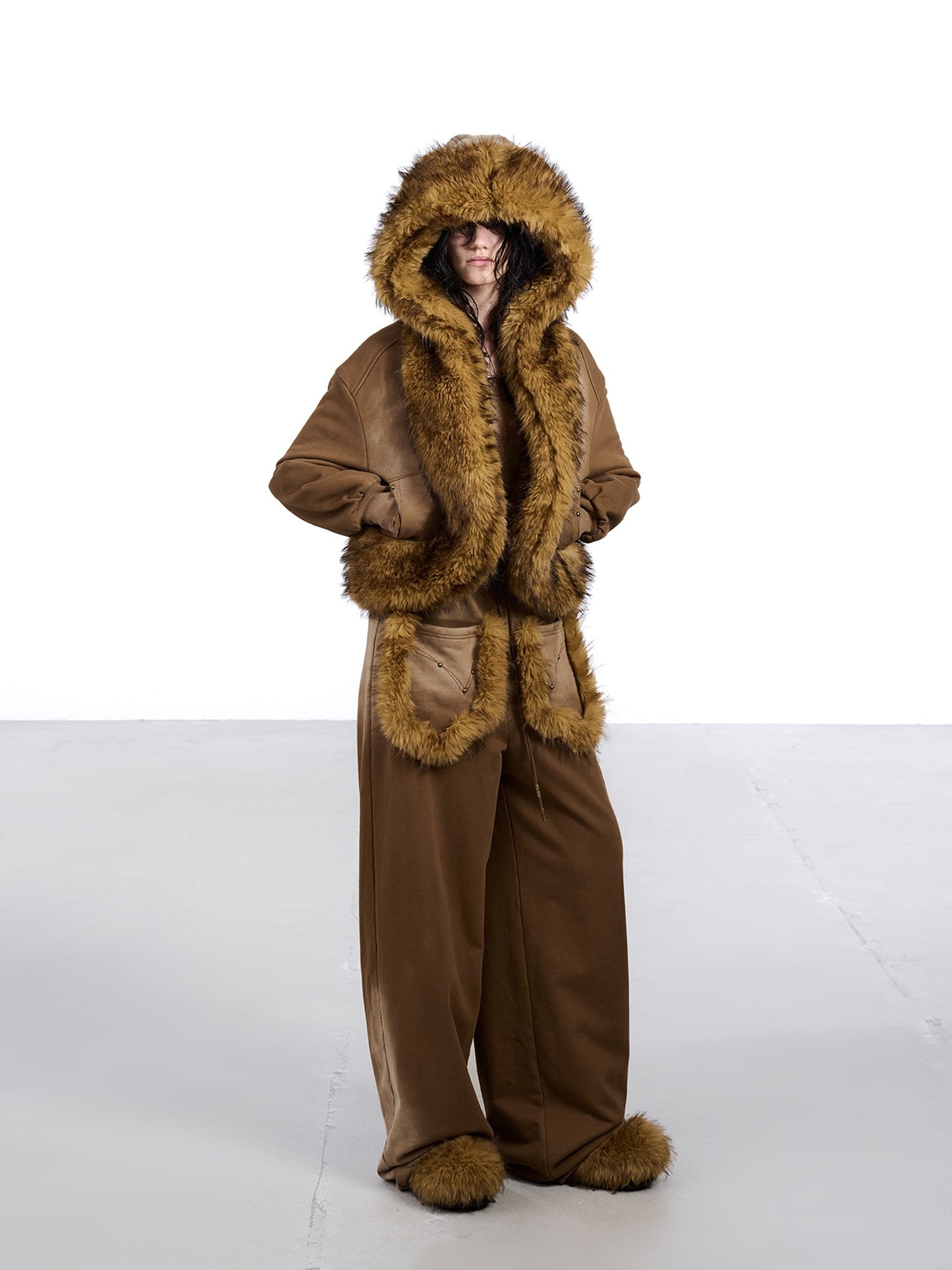 NORTH NODE Washed Faux Fur Patchwork Hooded Women&