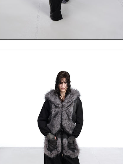 NORTH NODE Washed Faux Fur Patchwork Hooded Women&