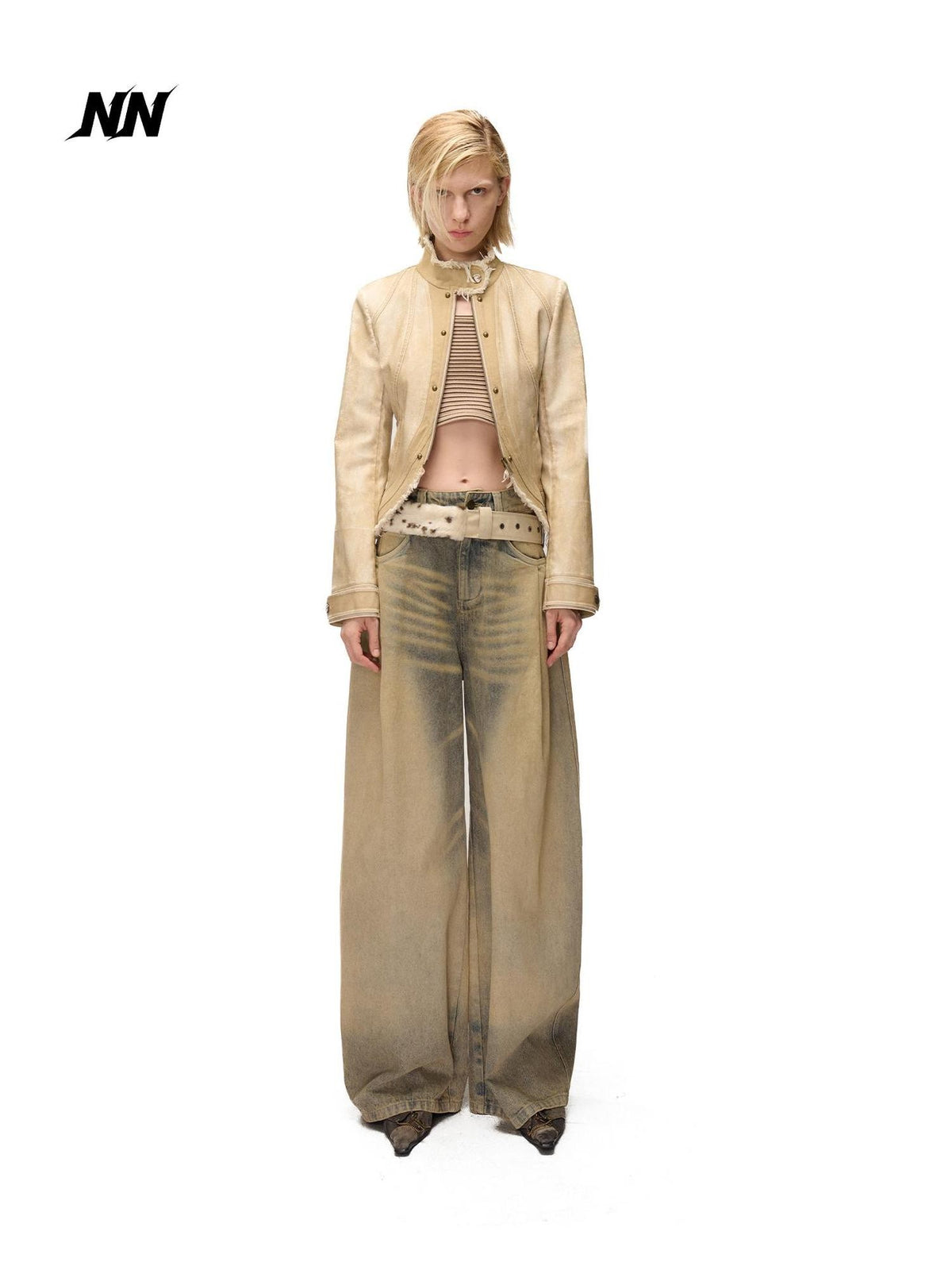 NORTH NODE Washed Faux Leather Distressed Spliced Raw Edge Women&