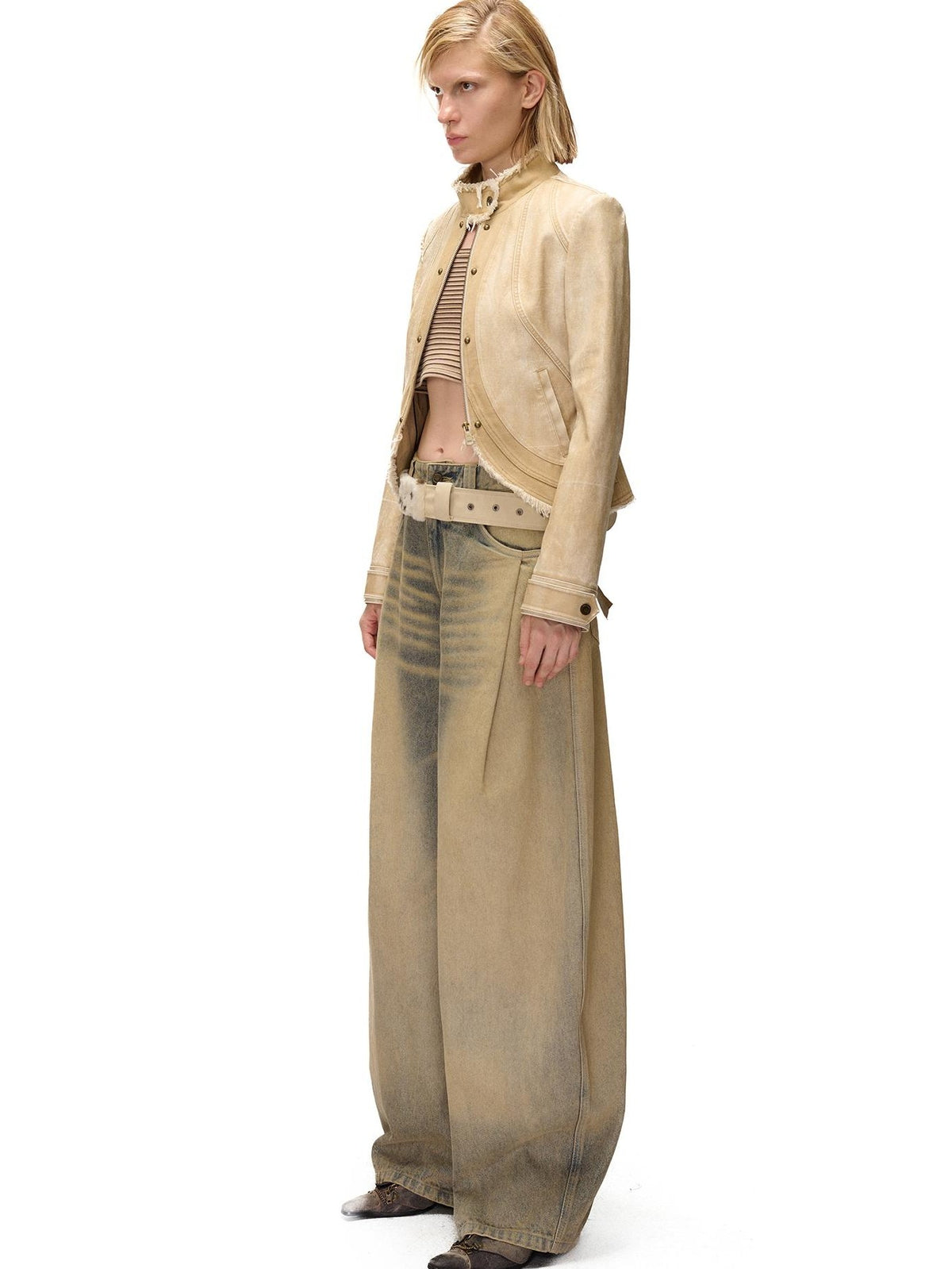NORTH NODE Washed Faux Leather Distressed Spliced Raw Edge Women&