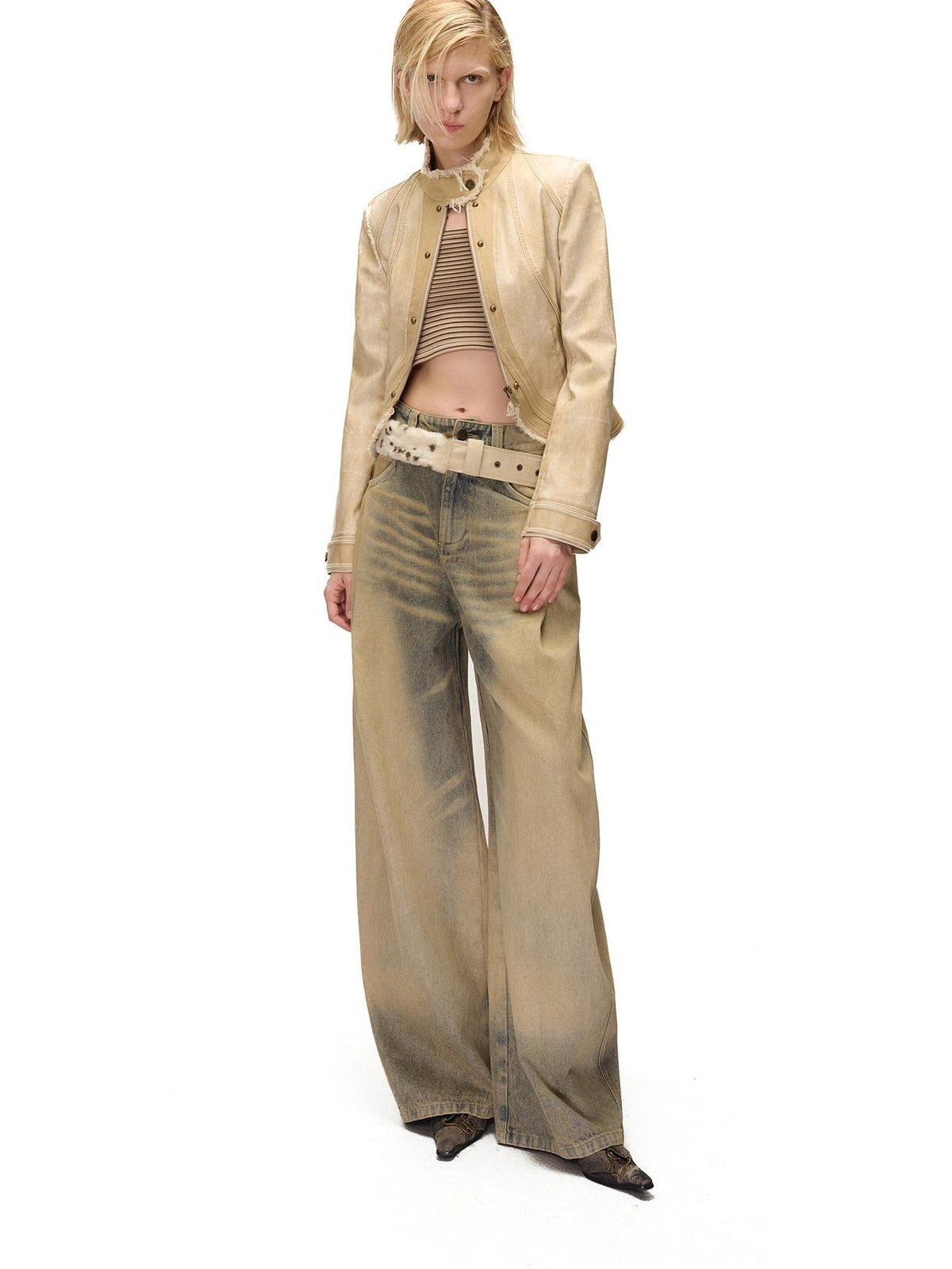 NORTH NODE Washed Faux Leather Distressed Spliced Raw Edge Women&