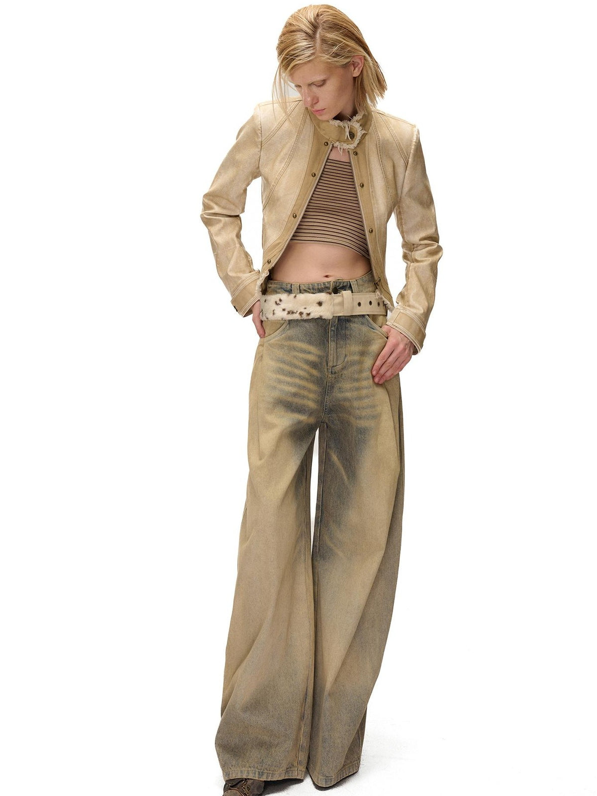 NORTH NODE Washed Faux Leather Distressed Spliced Raw Edge Women&