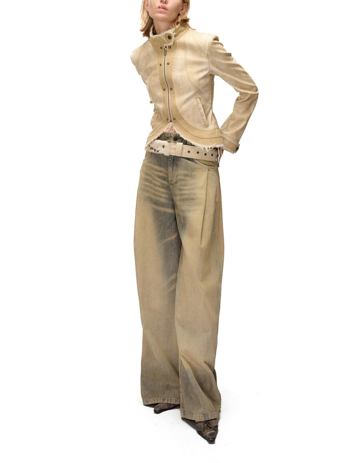 NORTH NODE Washed Faux Leather Distressed Spliced Raw Edge Women&