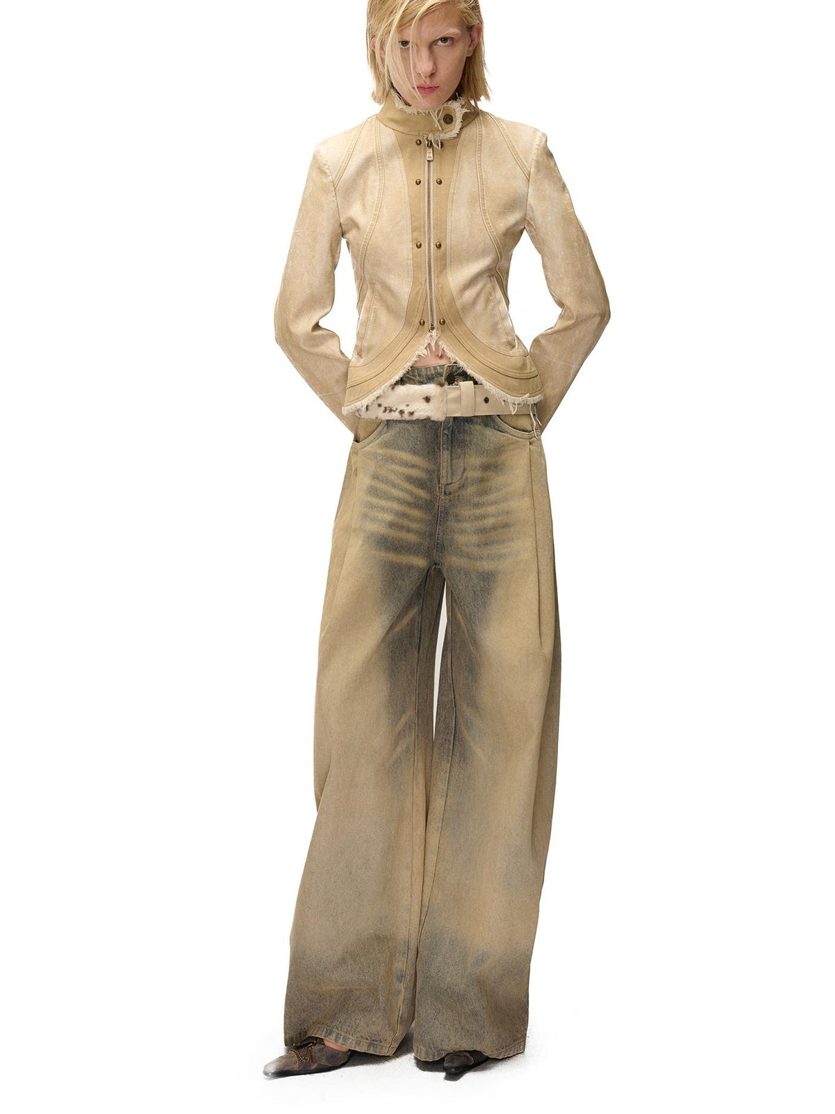 NORTH NODE Washed Faux Leather Distressed Spliced Raw Edge Women&