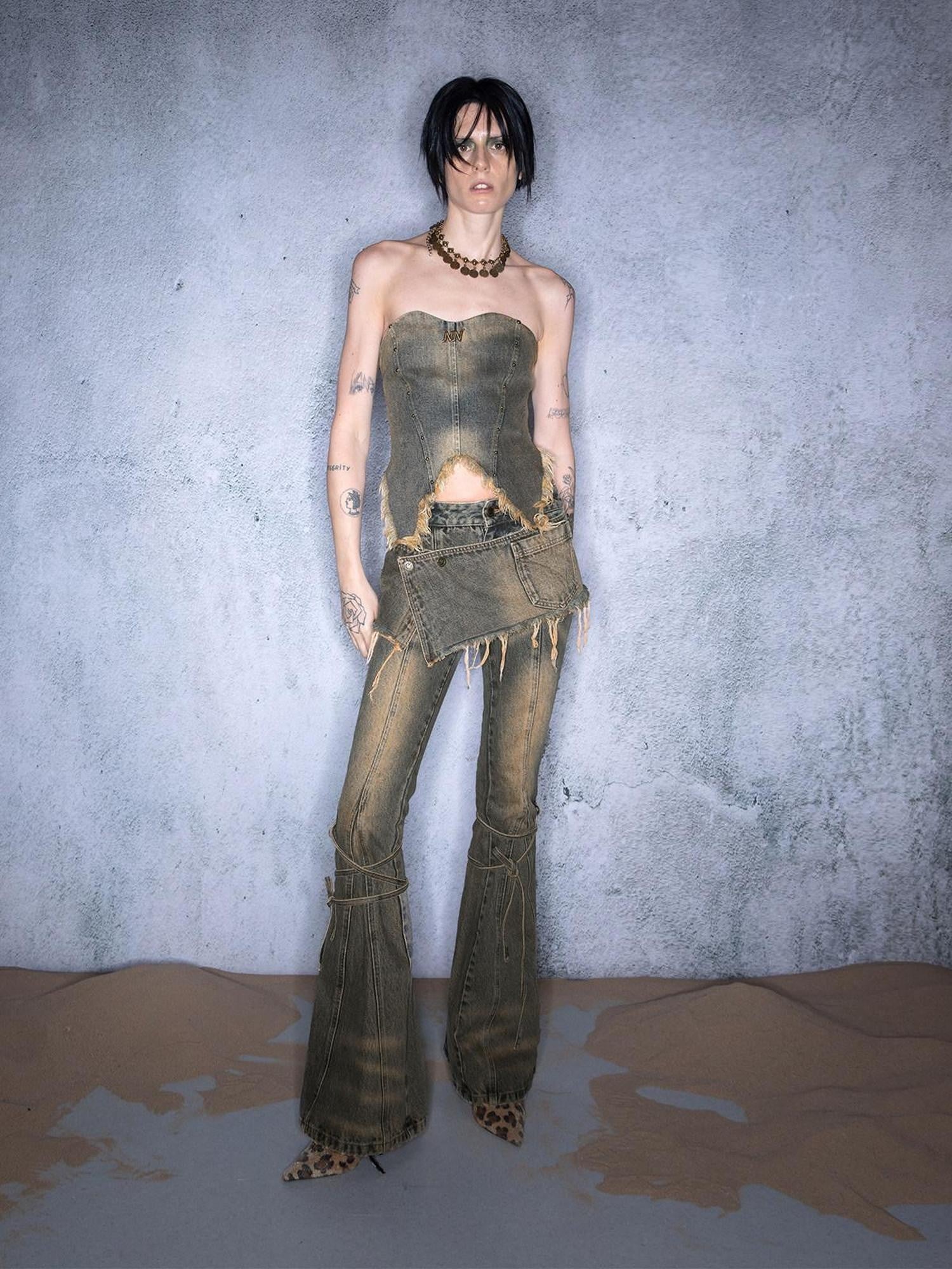 NORTH NODE Washed Frayed Asymmetrical Studded Denim Cropped Women&