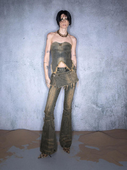 NORTH NODE Washed Frayed Asymmetrical Studded Denim Cropped Women&