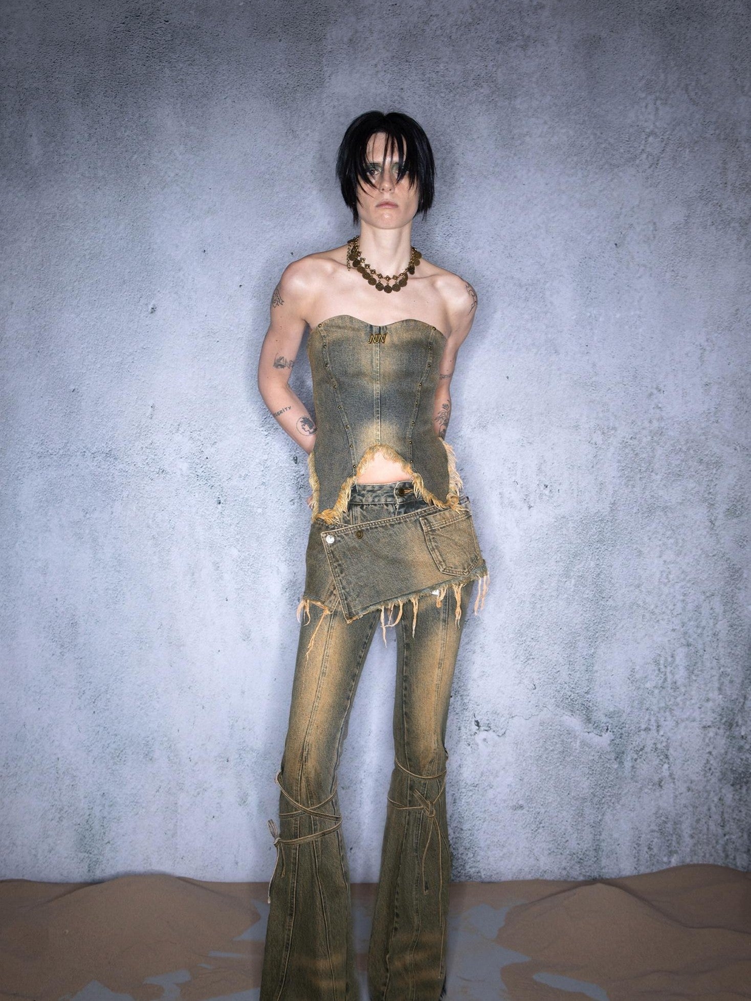 NORTH NODE Washed Frayed Asymmetrical Studded Denim Cropped Women&