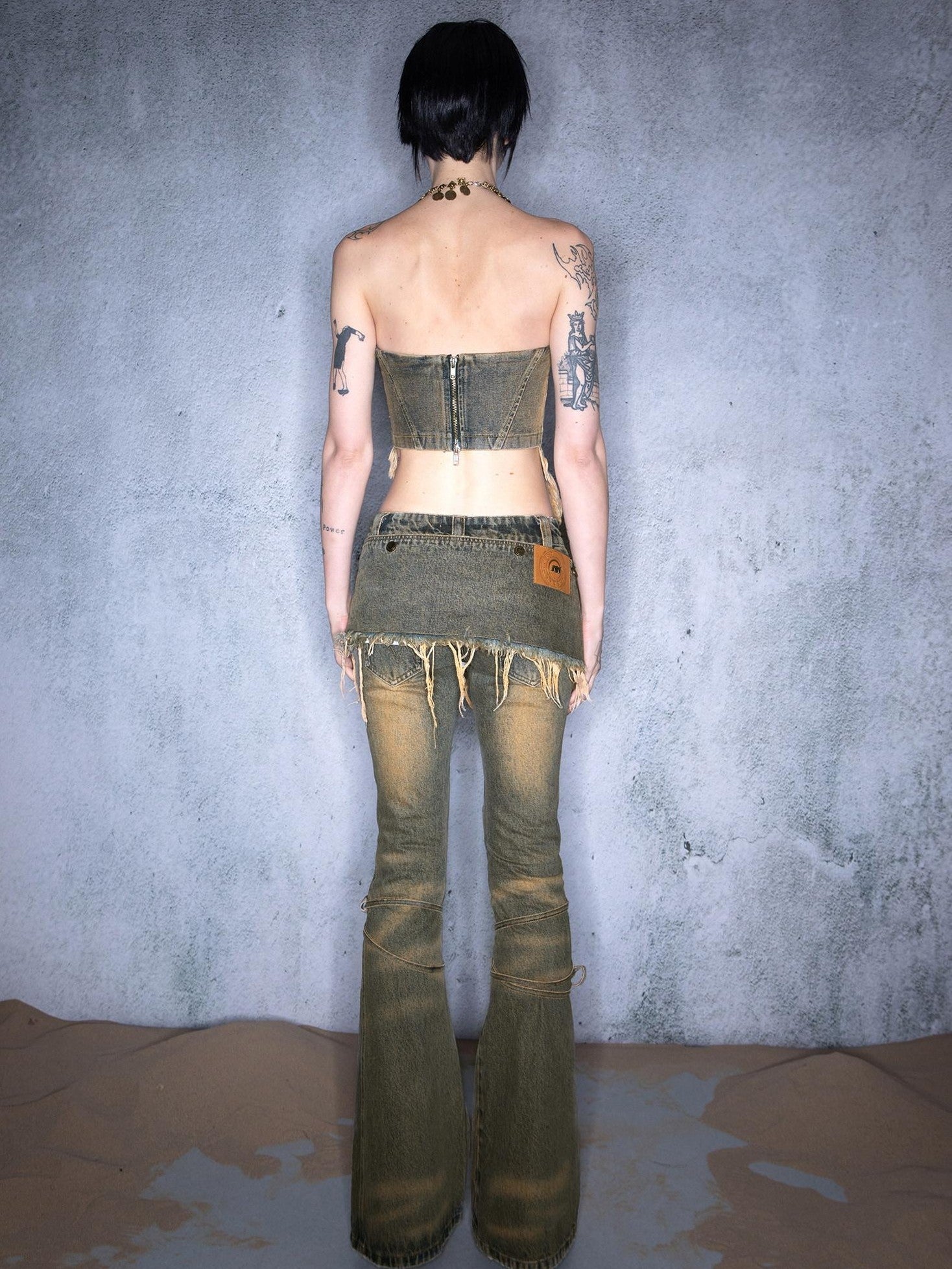 NORTH NODE Washed Frayed Asymmetrical Studded Denim Cropped Women&