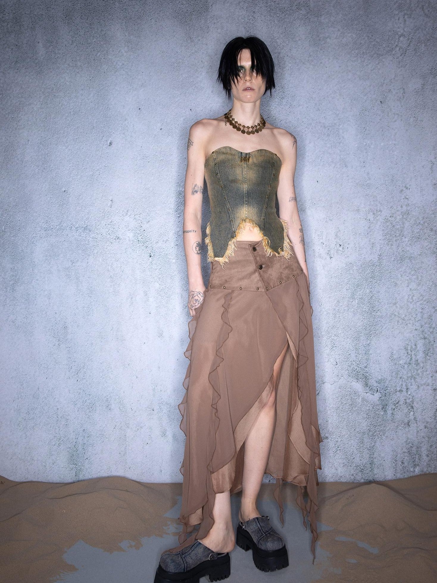 NORTH NODE Washed Frayed Asymmetrical Studded Denim Cropped Women&