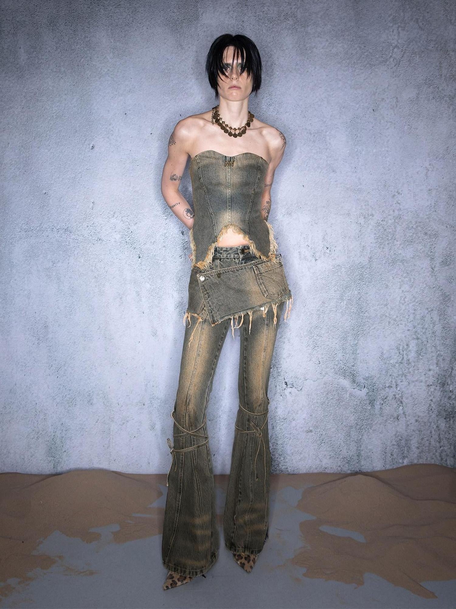NORTH NODE Washed Frayed Asymmetrical Studded Denim Cropped Women&