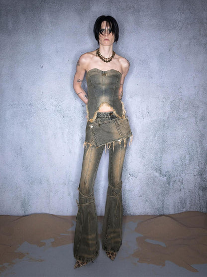 NORTH NODE Washed Frayed Asymmetrical Studded Denim Cropped Women&