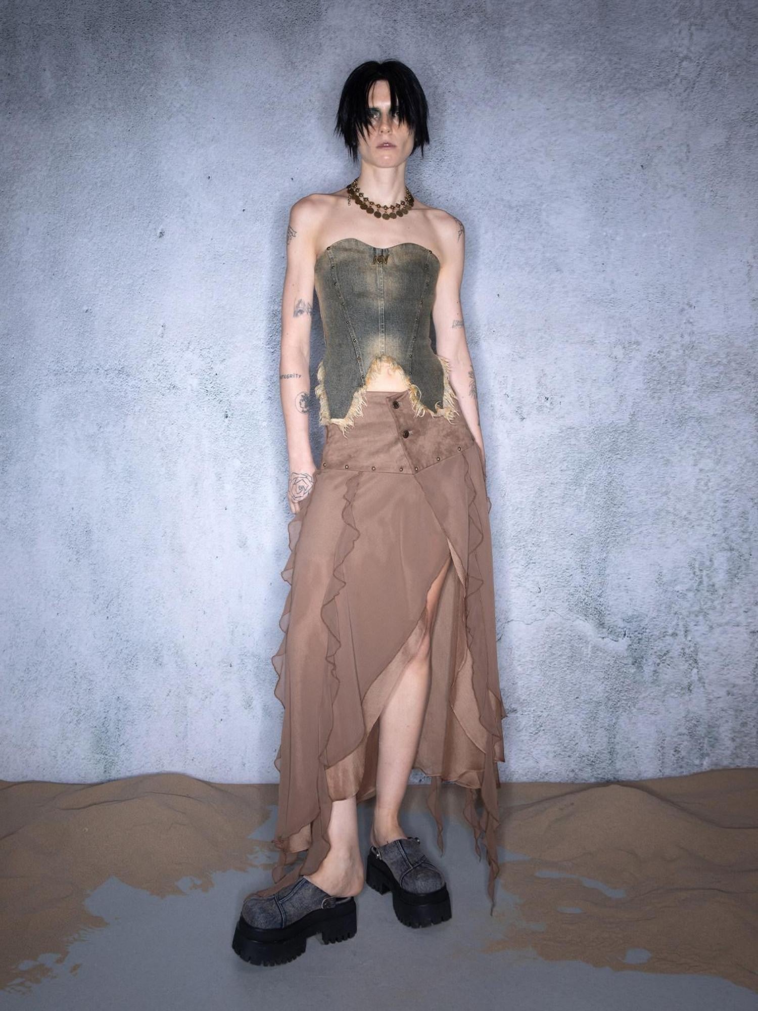 NORTH NODE Washed Frayed Asymmetrical Studded Denim Cropped Women&
