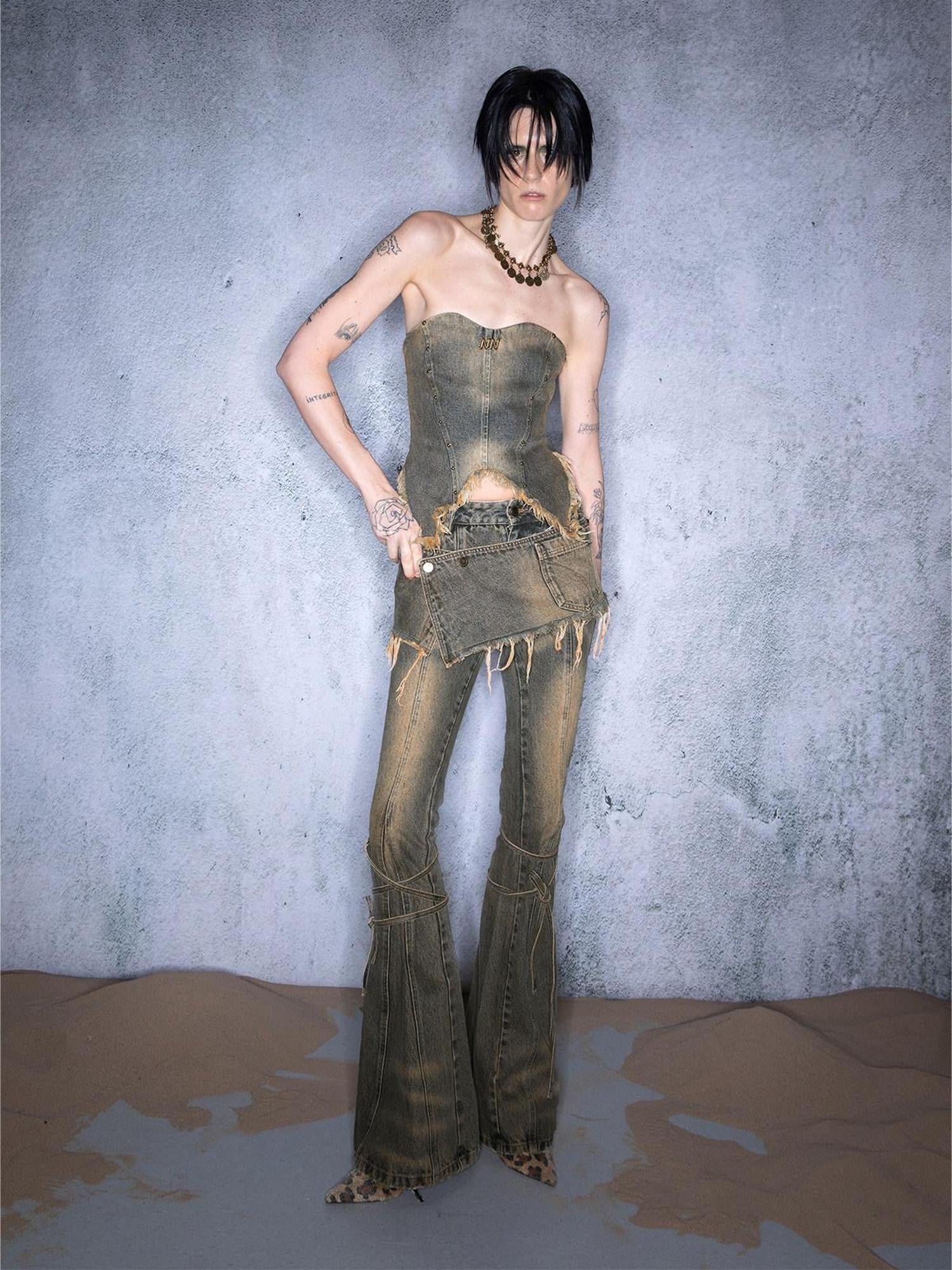 NORTH NODE Washed Frayed Asymmetrical Studded Denim Cropped Women&