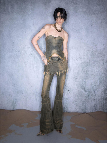 NORTH NODE Washed Frayed Asymmetrical Studded Denim Cropped Women&