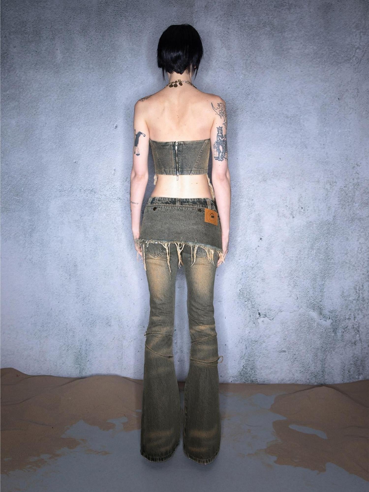 NORTH NODE Washed Frayed Asymmetrical Studded Denim Cropped Women&