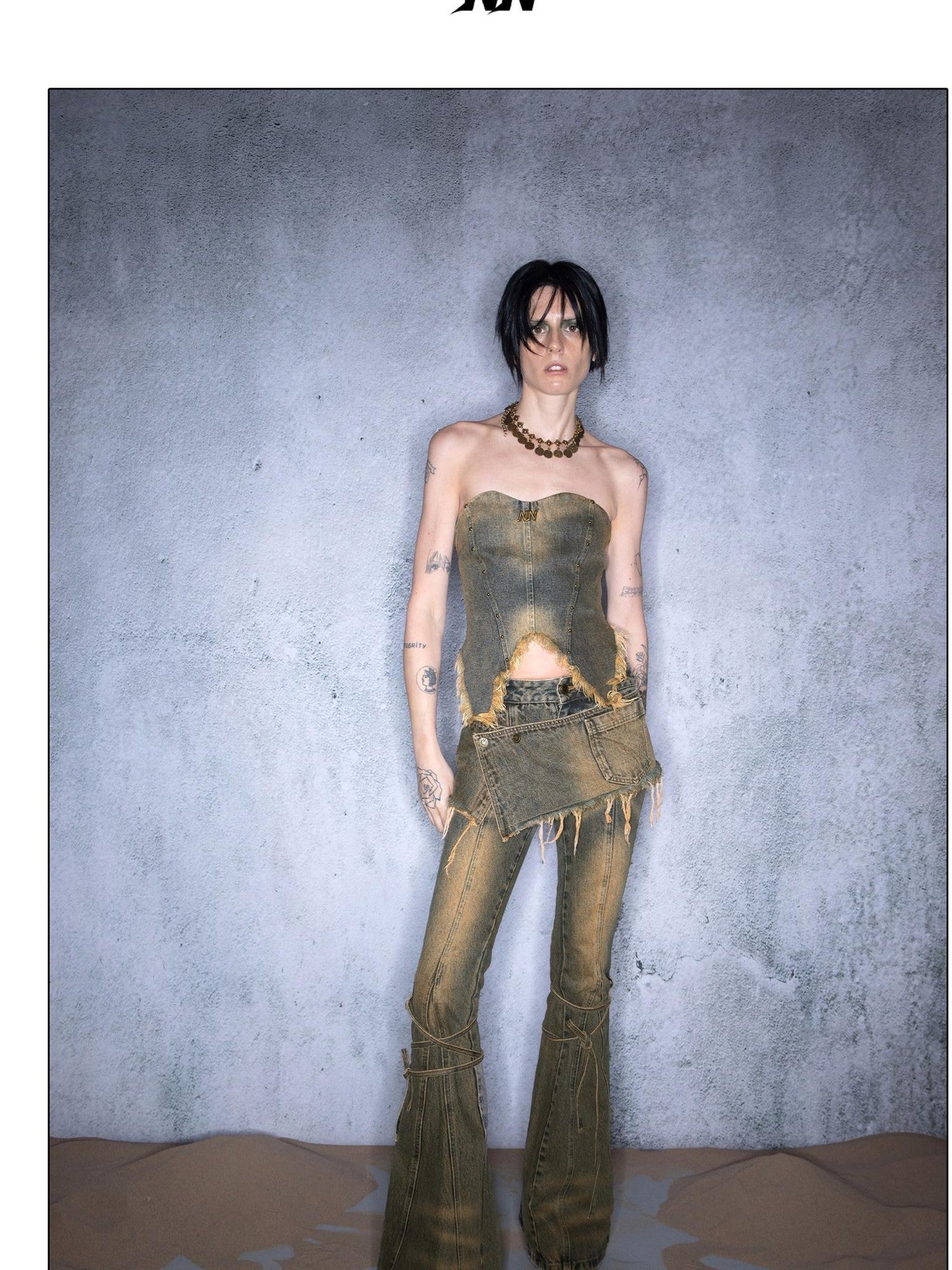 NORTH NODE Washed Frayed Asymmetrical Studded Denim Cropped Women&