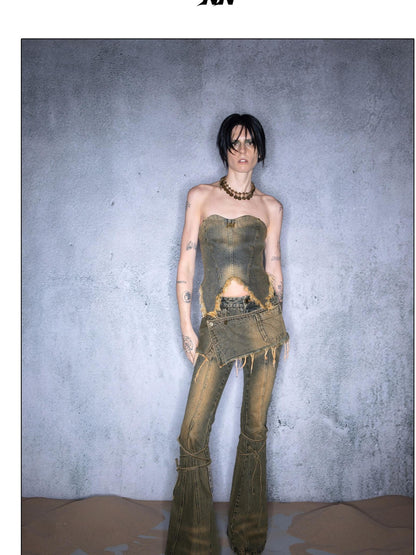 NORTH NODE Washed Frayed Asymmetrical Studded Denim Cropped Women&