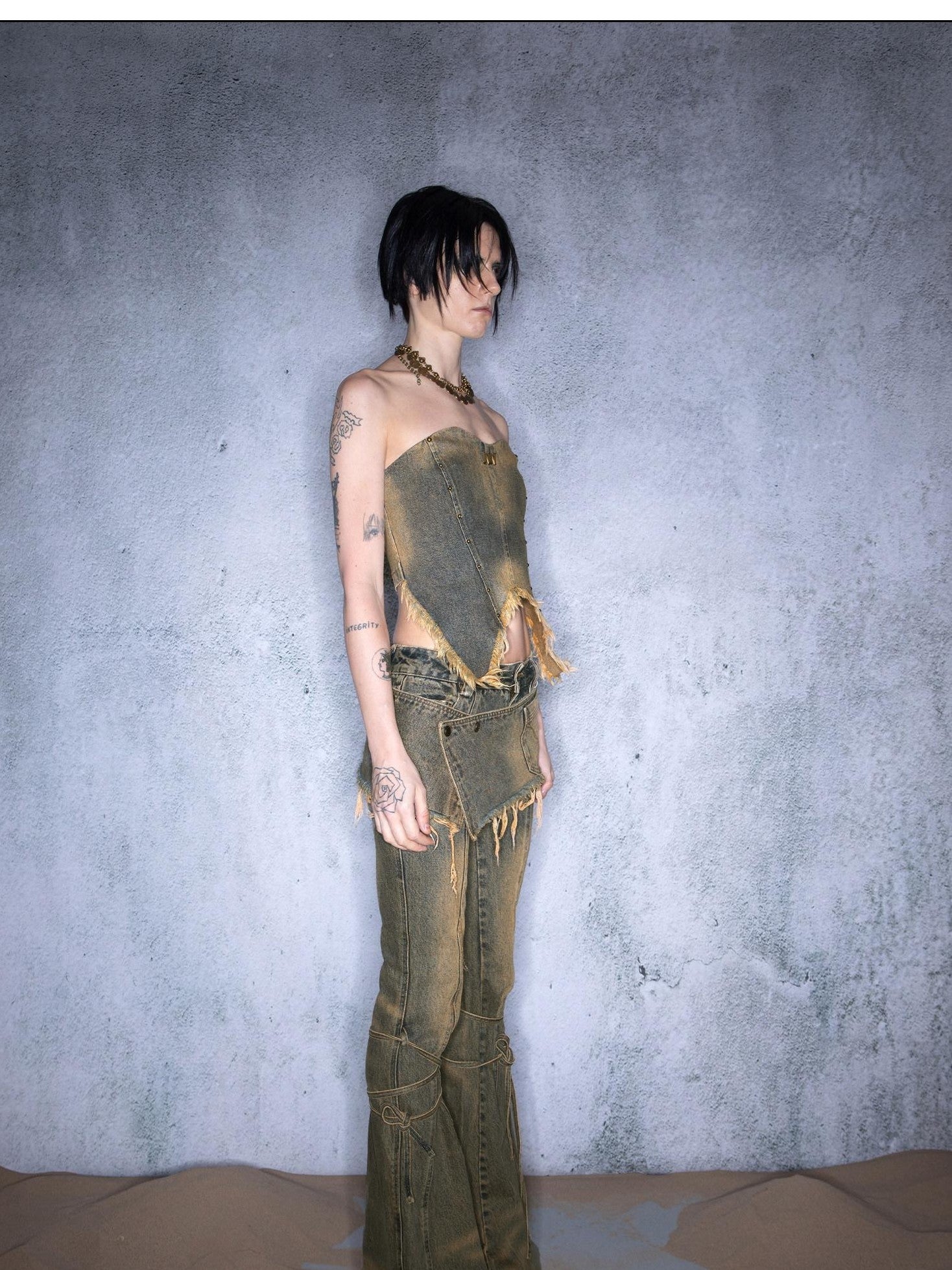 NORTH NODE Washed Frayed Asymmetrical Studded Denim Cropped Women&