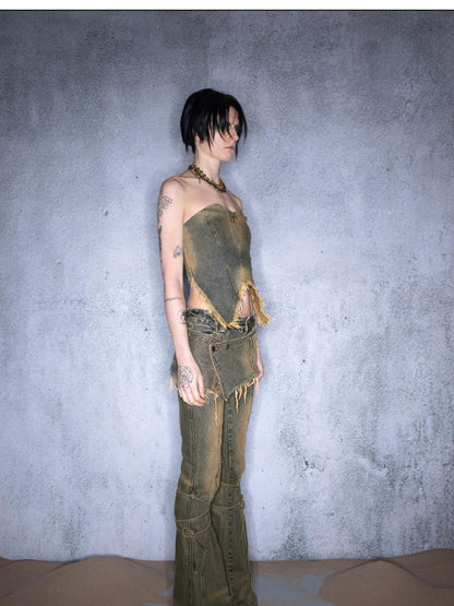 NORTH NODE Washed Frayed Asymmetrical Studded Denim Cropped Women&