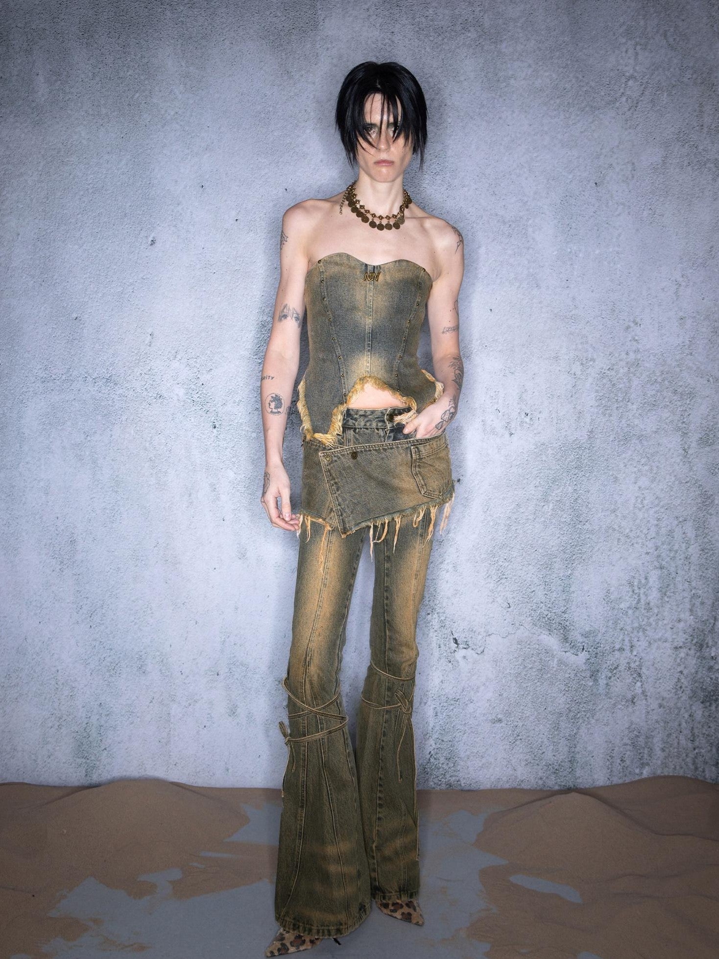 NORTH NODE Washed Frayed Asymmetrical Studded Denim Cropped Women&