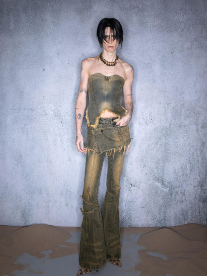 NORTH NODE Washed Frayed Asymmetrical Studded Denim Cropped Women&