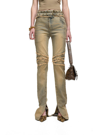 NORTH NODE Washed Frayed Hem Double Waist Belt Side Slit Women&
