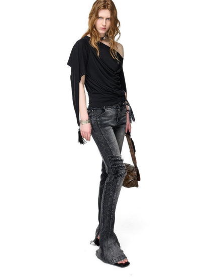 NORTH NODE Washed Frayed Hem Double Waist Belt Side Slit Women&