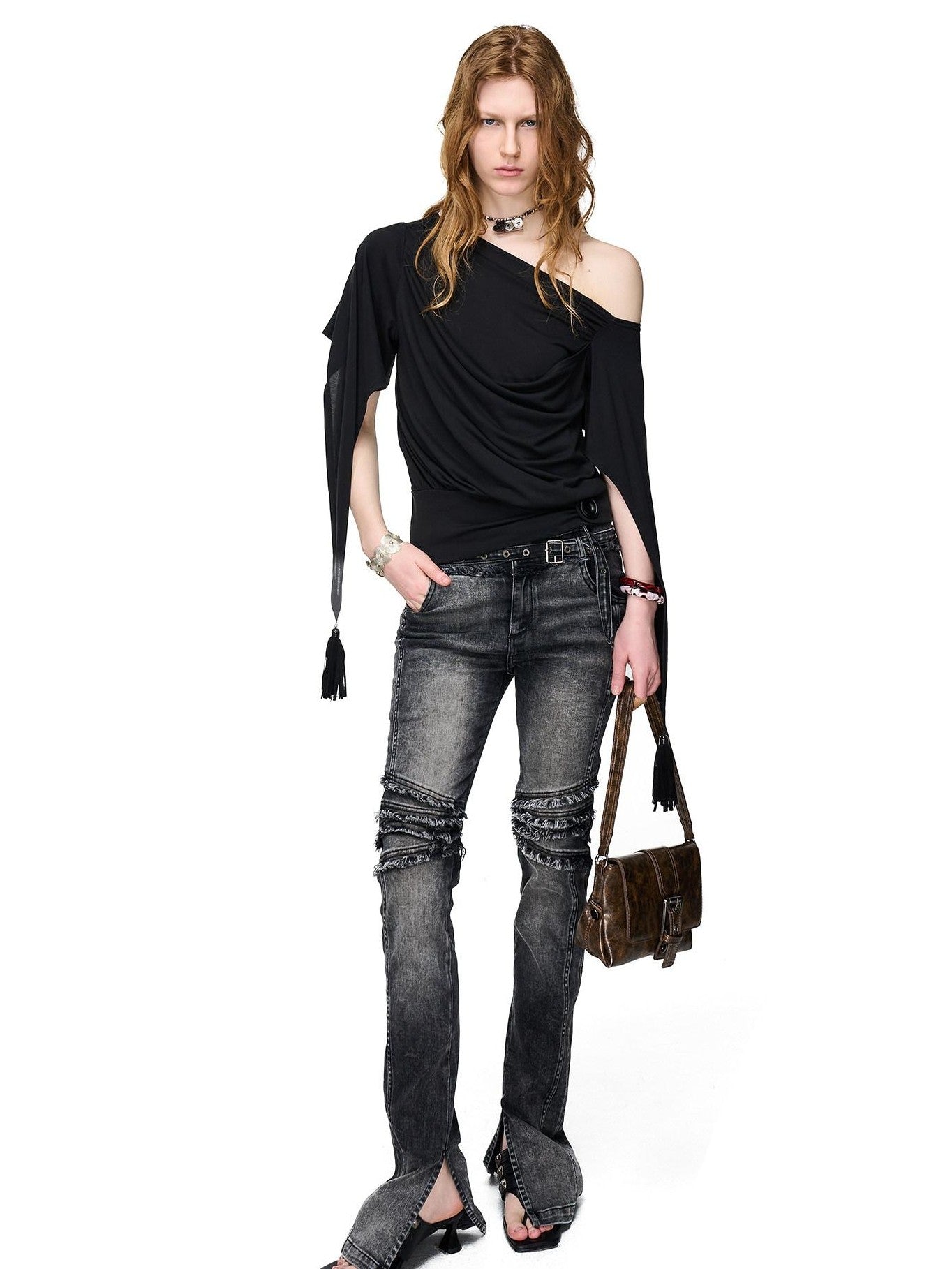 NORTH NODE Washed Frayed Hem Double Waist Belt Side Slit Women&