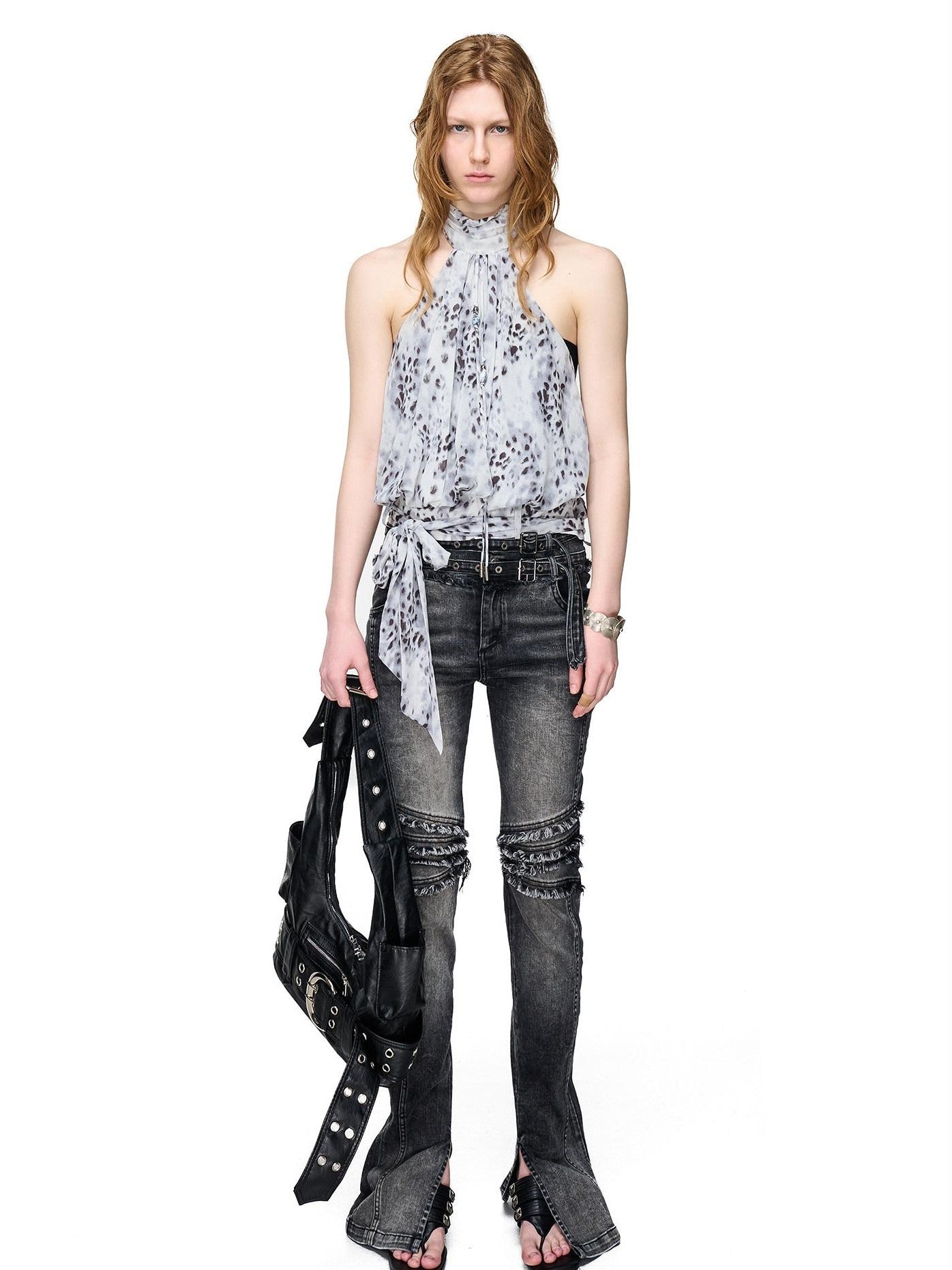 NORTH NODE Washed Frayed Hem Double Waist Belt Side Slit Women&