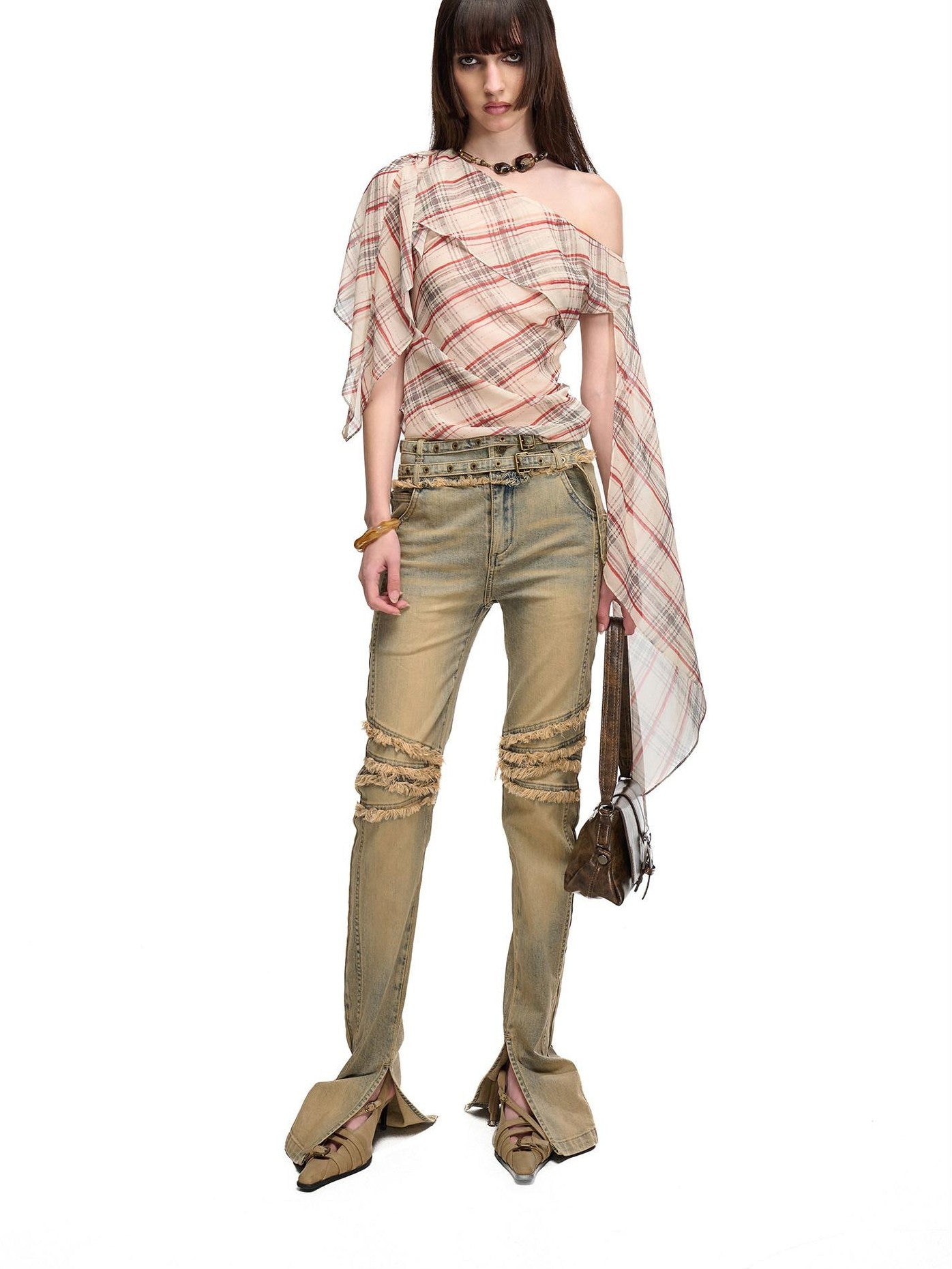 NORTH NODE Washed Frayed Hem Double Waist Belt Side Slit Women&