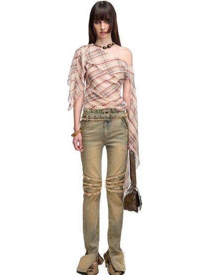 NORTH NODE Washed Frayed Hem Double Waist Belt Side Slit Women&