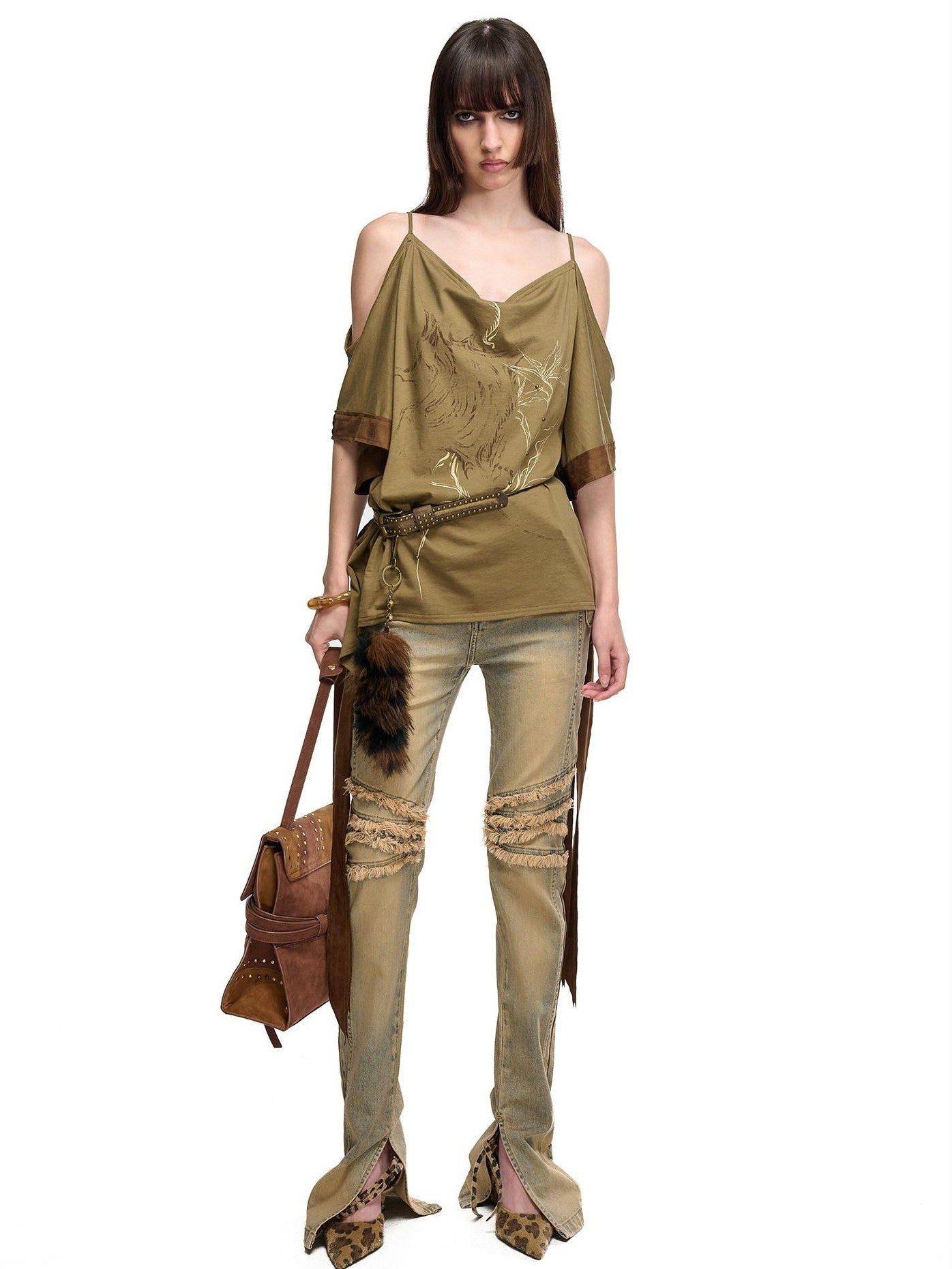 NORTH NODE Washed Frayed Hem Double Waist Belt Side Slit Women&