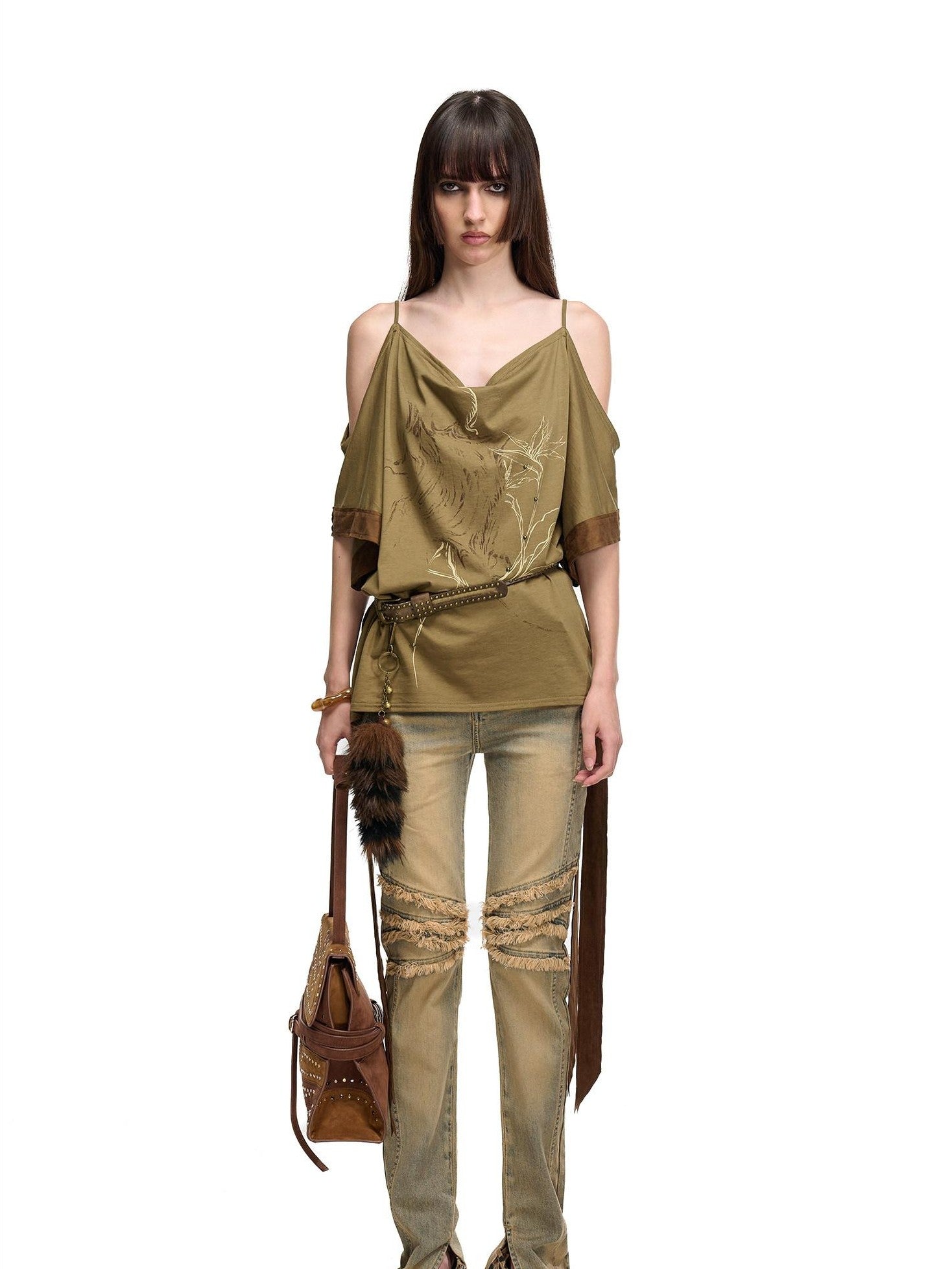 NORTH NODE Washed Frayed Hem Double Waist Belt Side Slit Women&